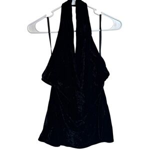 Express Womens Large Black Crushed Velvet Halter Top Backless Draped Cowl Neck